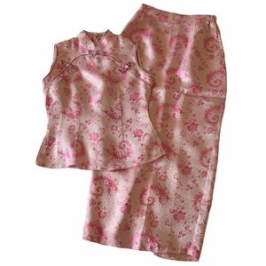 Vintage Pink Satin Brocade Top & Skirt Set – Size M